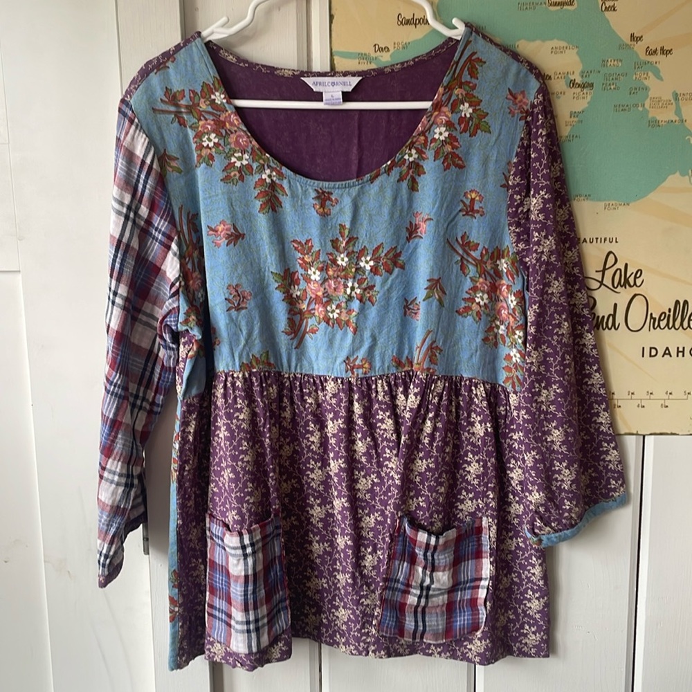 April Cornell Purple Floral Patchwork Tunic with Blue Bodice